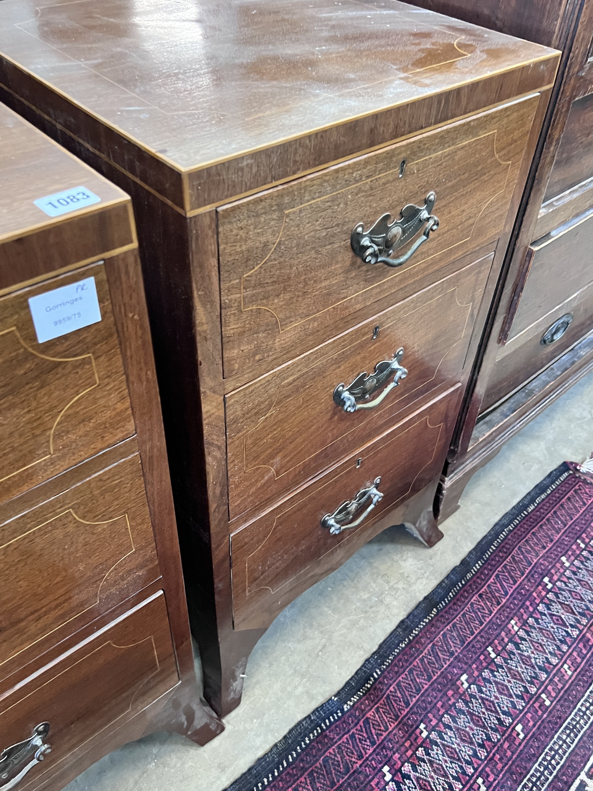 A pair of George III style inlaid mahogany bedside chests, width 43cm, depth 42cm, height 77cm